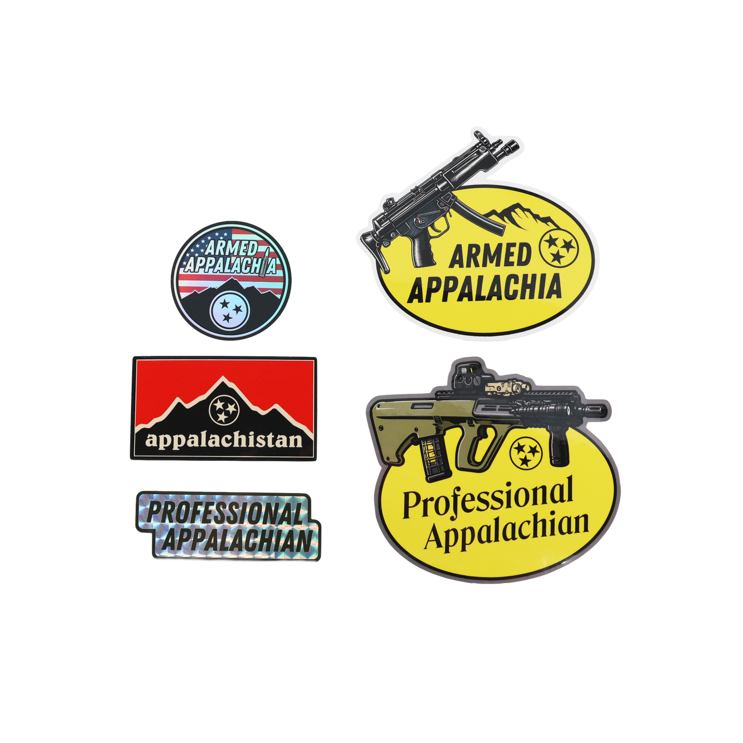 Armed Appalachia sticker pack with all five stickers and branded bag