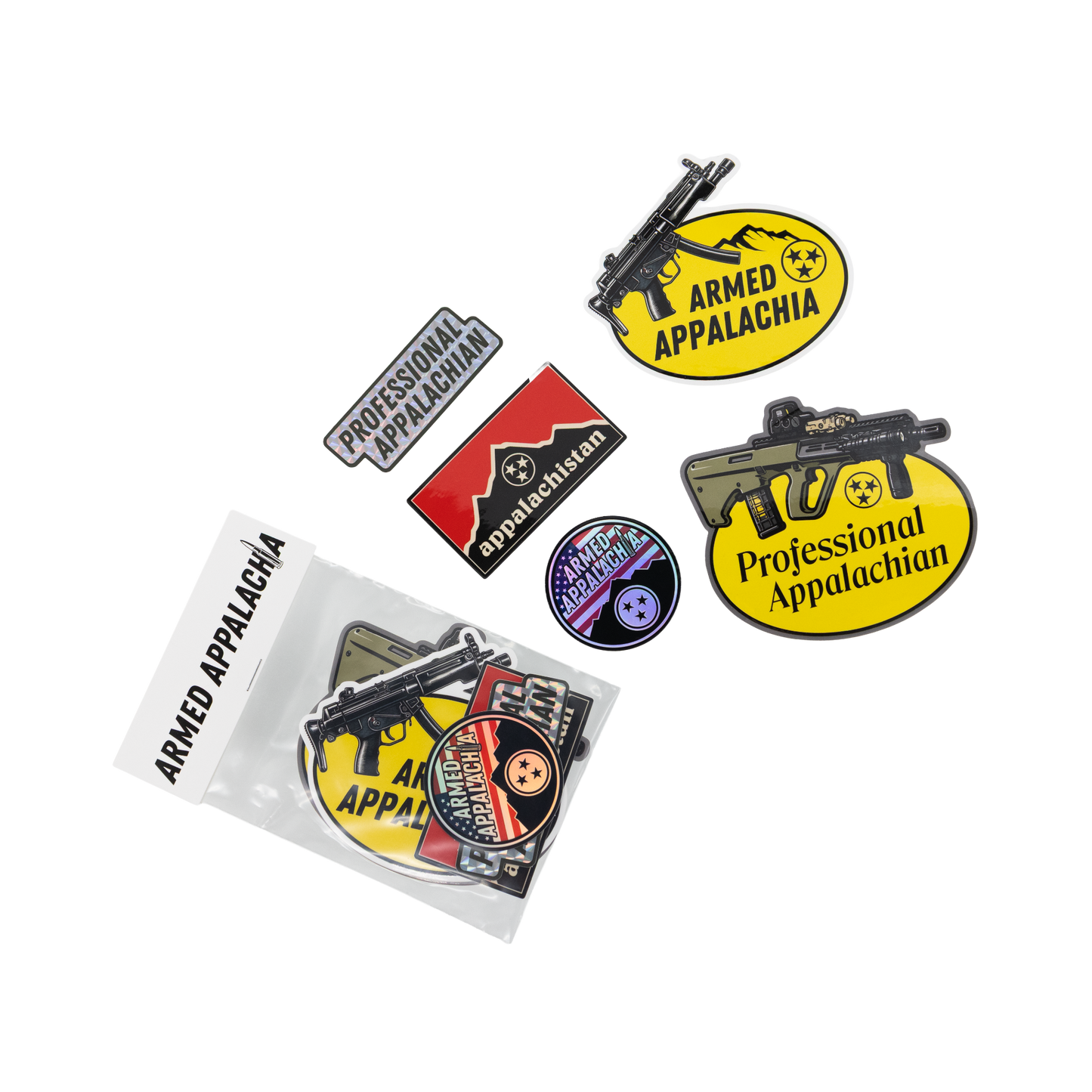 Five Armed Appalachia sticker designs displayed together