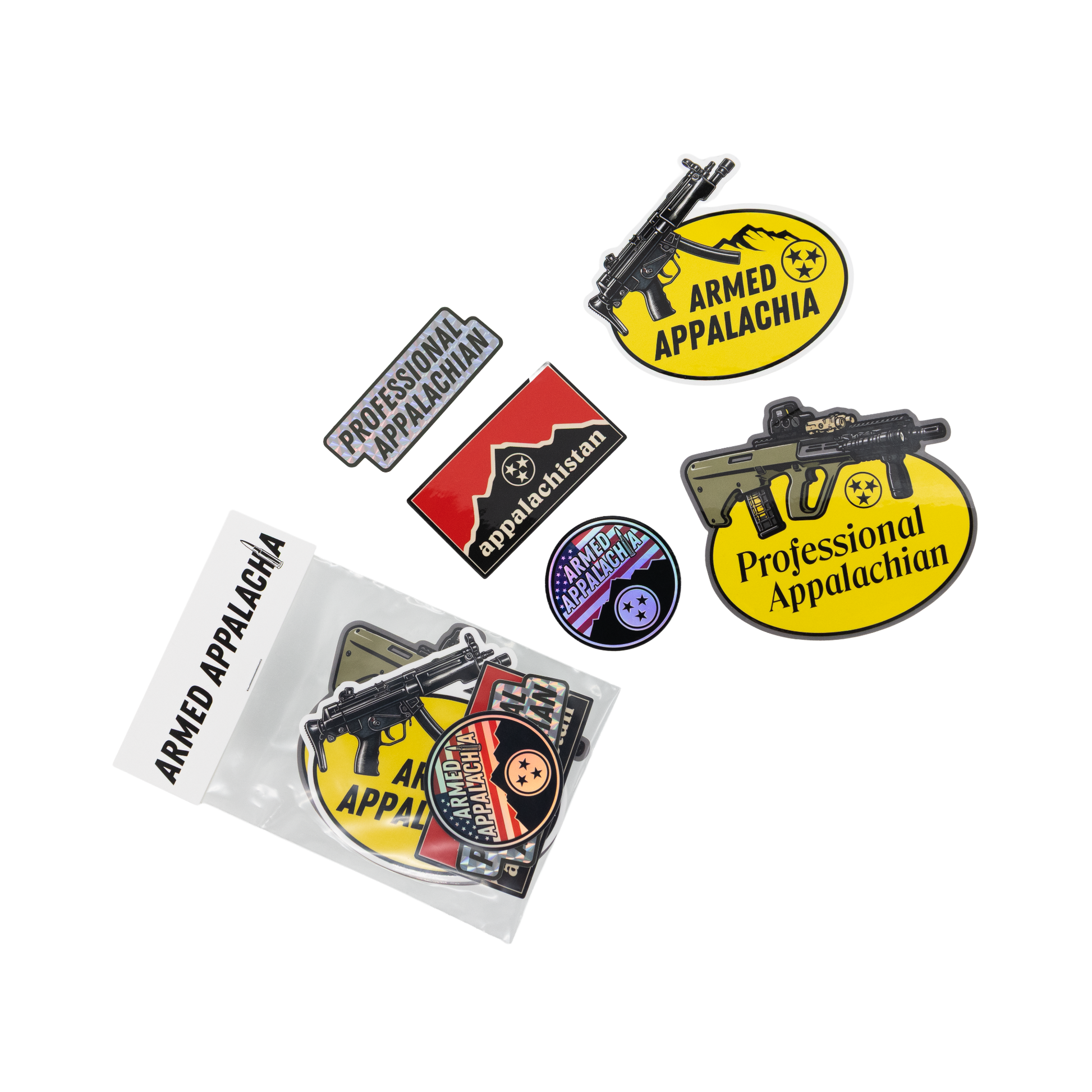 Five Armed Appalachia sticker designs displayed together