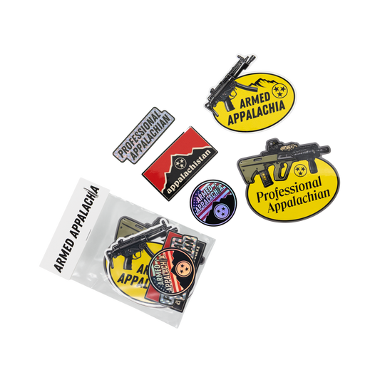 Five Armed Appalachia sticker designs displayed together