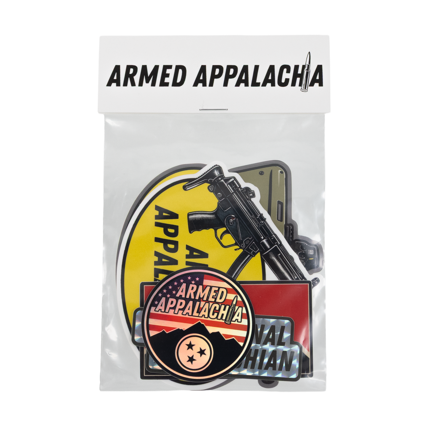 Armed Appalachia 5-pack sticker set in retail packaging