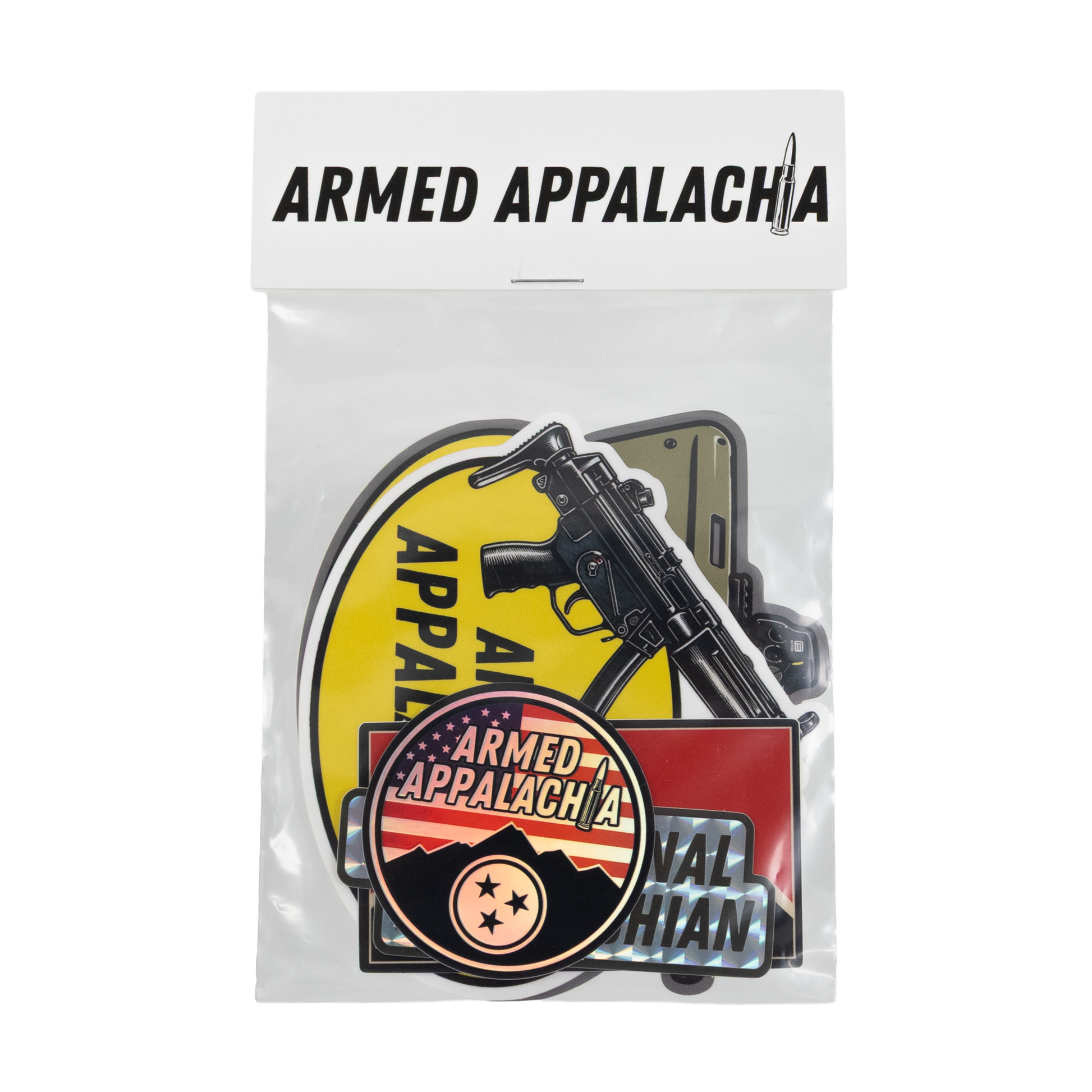Armed Appalachia 5-pack sticker set in retail packaging
