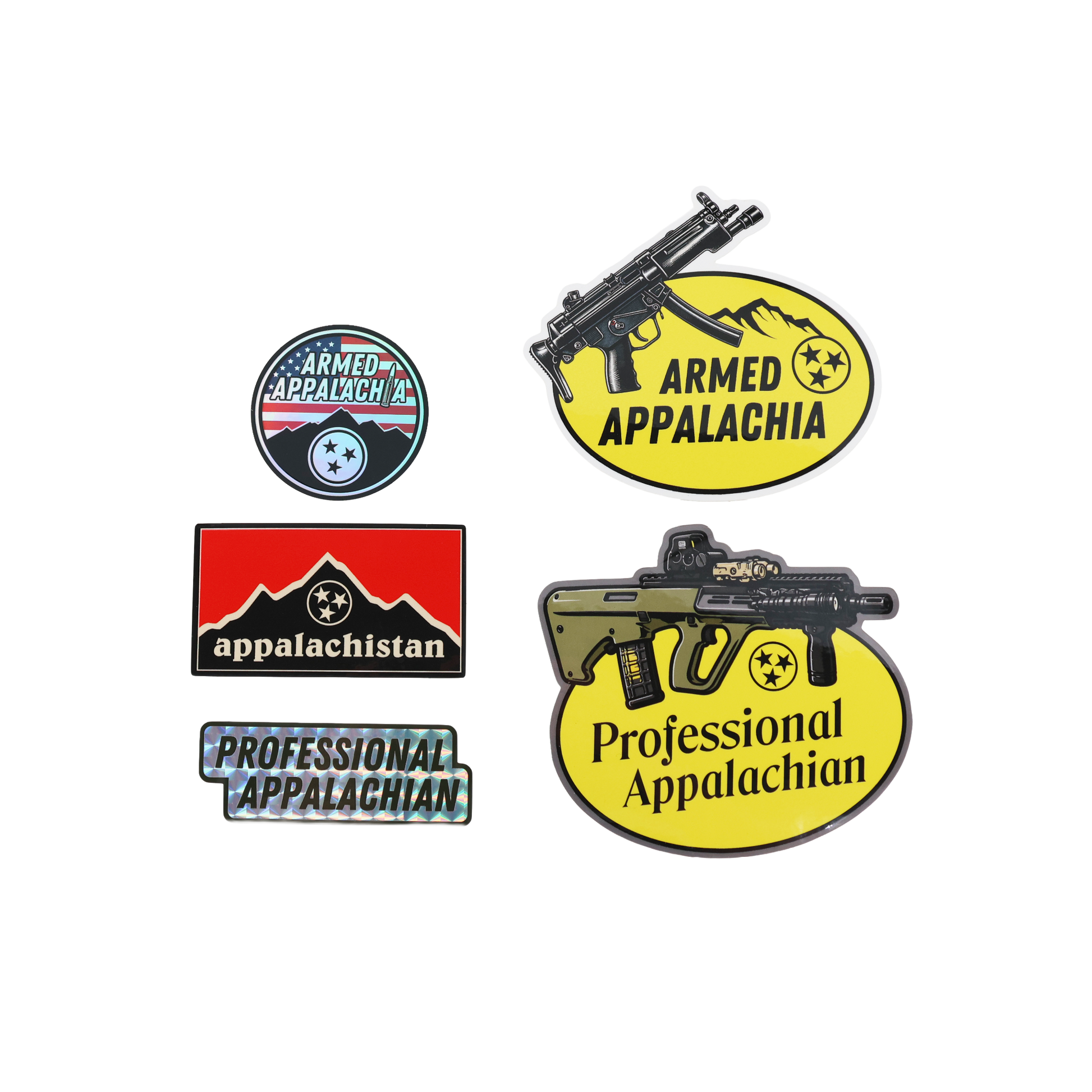 Armed Appalachia sticker pack with all five stickers and branded bag